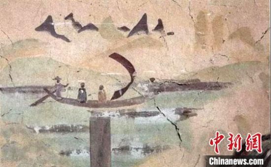 “一人搖櫓晃扁舟，兩人撐篙水上漂?！眻D為莫高窟第323窟《搖櫓帆船》（初唐）?！《鼗脱芯吭汗﹫D