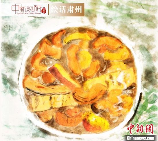 圖為酒泉美食“糊鍋”繪畫作品。　杜興彥 攝