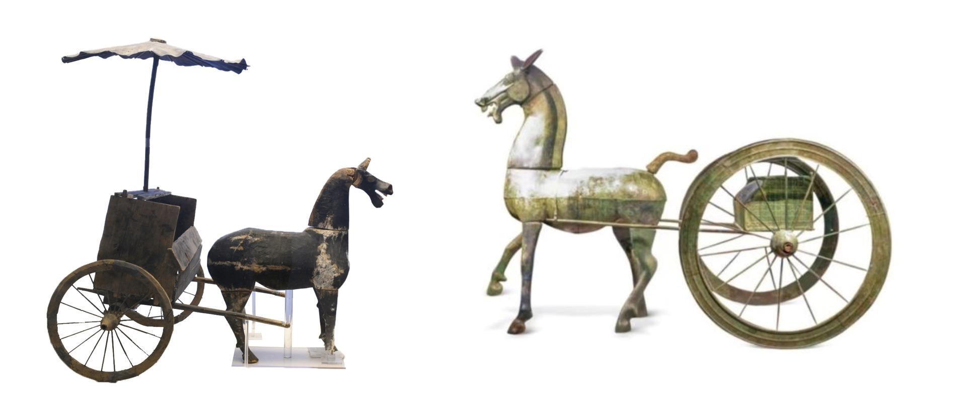 △左為漢代木軺車，藏于青海省博物館；右為東漢銅車馬，藏于黔西南州博物館。