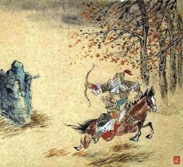 “林暗草驚風(fēng)，將軍夜引弓。”畫作